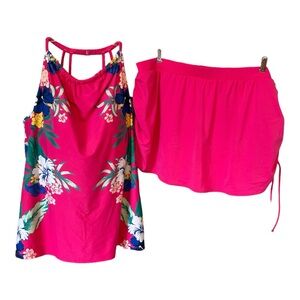 Swim by Cacique 2 Piece Bathing Suit Sz 24 TOP Sz 26 SKIRT Hot Pink Summer Flor…
